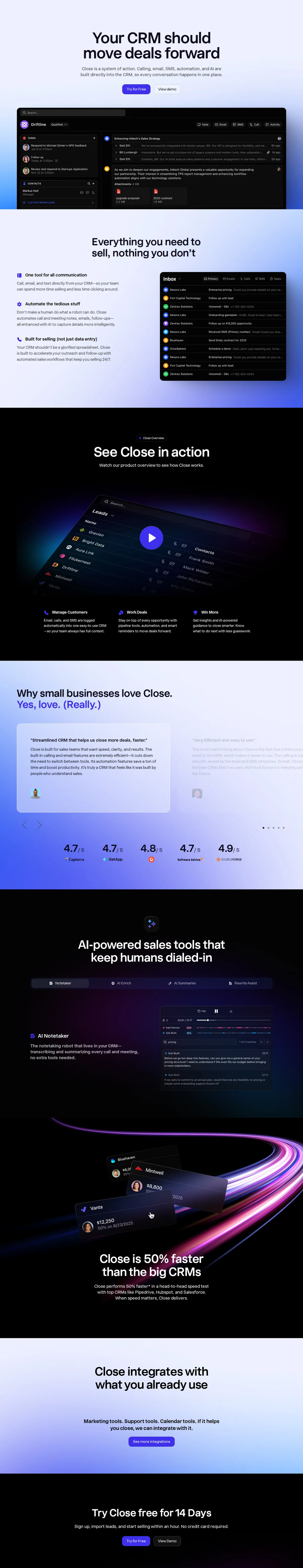 Close CRM dashboard for Close customer pipeline management